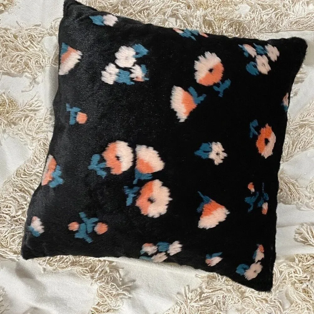 Anthropologie Flora Faux Fur Pillow Black Floral Pattern 20